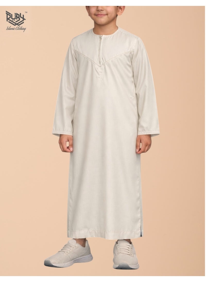 RUBY ISLAMIC CLOTHING Classic Off White Emirati Thobe Kandura for Children & Kids with Intricate Embroidery, Kandura Kaftan, Round Neck, Long Sleeve, Saudi Arabian Muslim Robe (Without Tassel) - Image 1